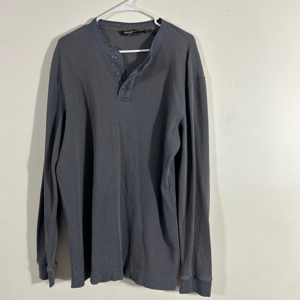 Eddie Bauer Henley Shirt Mens Large Tall Blue Gray Waffle Knit Thermal